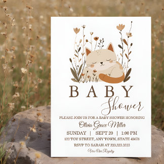Sött sovande kattunge Boho blomster babyfirande Inbjudningar