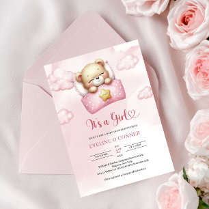 Sött sovande teddybjörn Det är en flicka baby show Inbjudningar