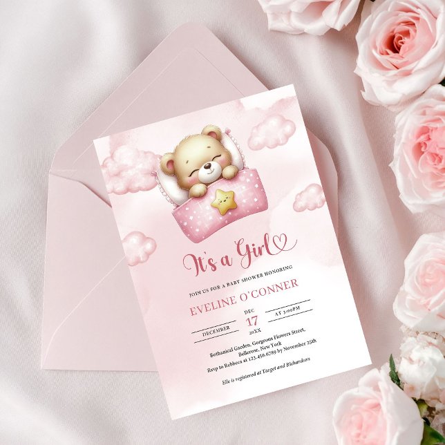 Sött sovande teddybjörn Det är en flicka baby show Inbjudningar (Cute sleeping teddy bear It's a Girl baby Shower Invitation)