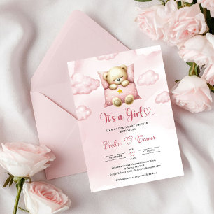 Sött sovande teddybjörn Det är en tjej Baby Shower Inbjudningar