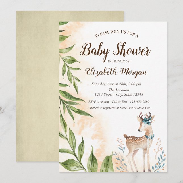Sött spädbarn hjort lämnar baby shower inbjudan (Fram/baksida)