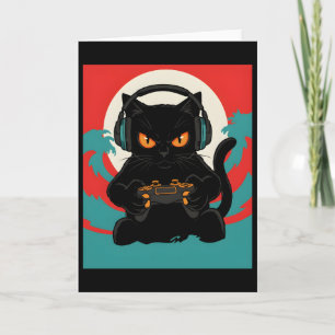 Sött spelar-katt-hörlurar Retro-konsoll Natt Scen Kort