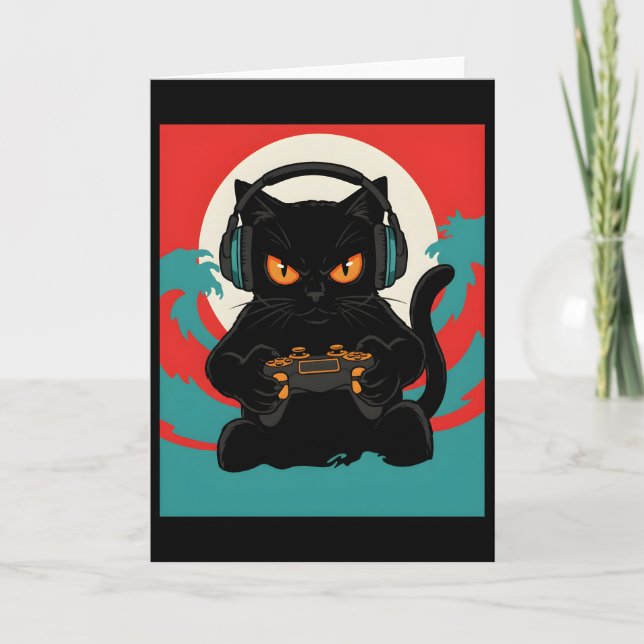 Sött spelar-katt-hörlurar Retro-konsoll Natt Scen Kort (Framsida)