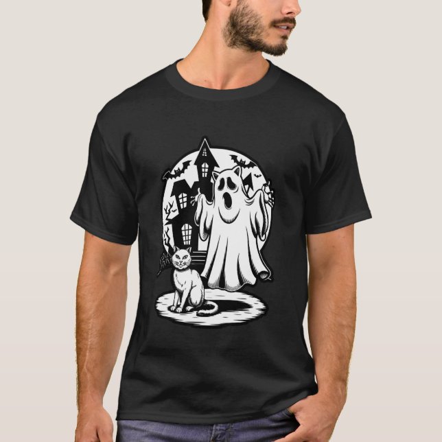 Sött spöke och katt fickformat design t shirt (Framsida)