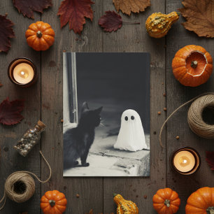 Sött Spöktjej och Kattunge Halloween Julkort
