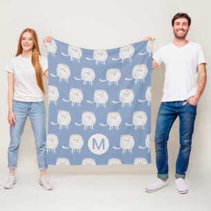 Sött Studsande Vitt Kattmönster Monogram Blå Fleecefilt