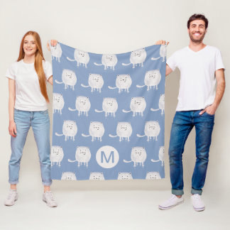 Sött Studsande Vitt Kattmönster Monogram Blå Fleecefilt