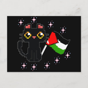 sött svart katt håller palestinsk flagga vykort