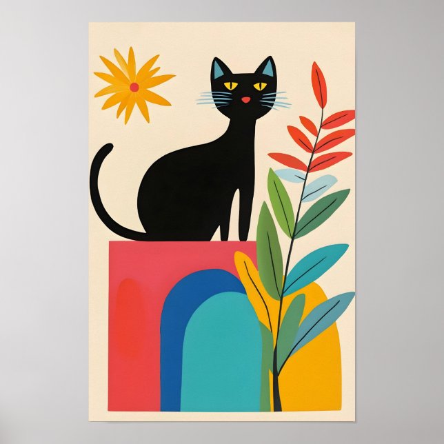Sött svart katt med färgglad blomma poster (Framsidan)