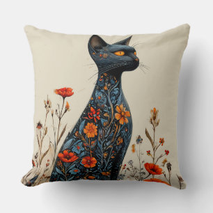 Sött svart katt och blommor kudde