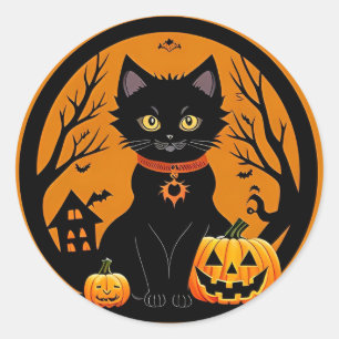 Sött svart katt trollkarlshatt pumpa Halloween sce Runt Klistermärke