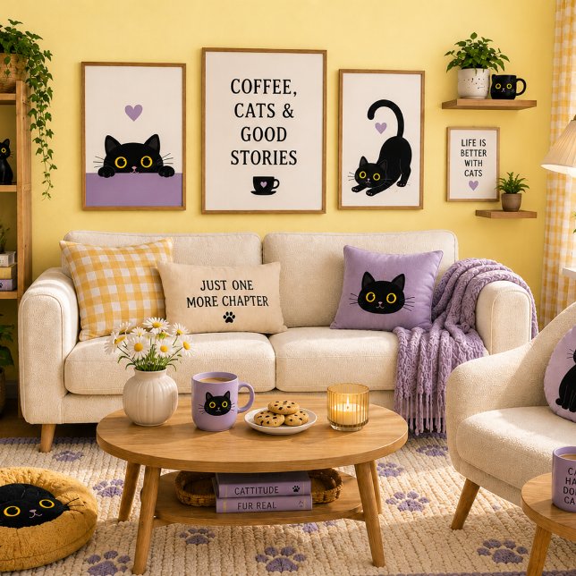 Sött svart kattansikte kastkudde – Lavendel katt C Kudde (Cat Cafe Inspired Decor)