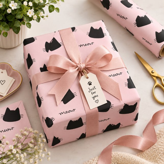 Sött svart kattmönster rosa mjau kitty presentpapper (Skapare uppladdad)