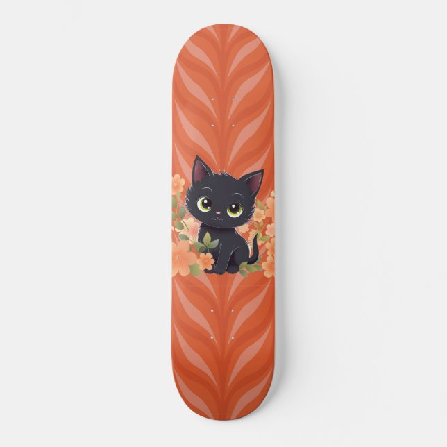 Sött svart kattunge Kawaii  Mini Skateboard Bräda 18,5 Cm (Framsida)
