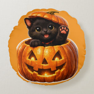Sött svart kattunge och jack-o'-lantern kusligt sö rund kudde