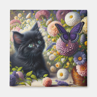 Sött svart kattunge och lila fjäril blom- magnet
