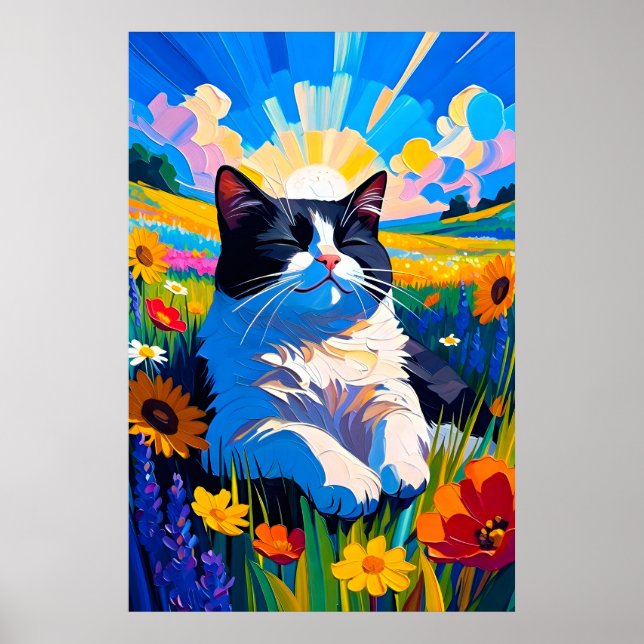 Sött svart och vitt katt som vilar i solig äng poster (Framsidan)