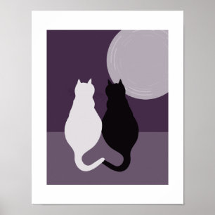 Sött svart & vitt kattpar lila-blå natt poster