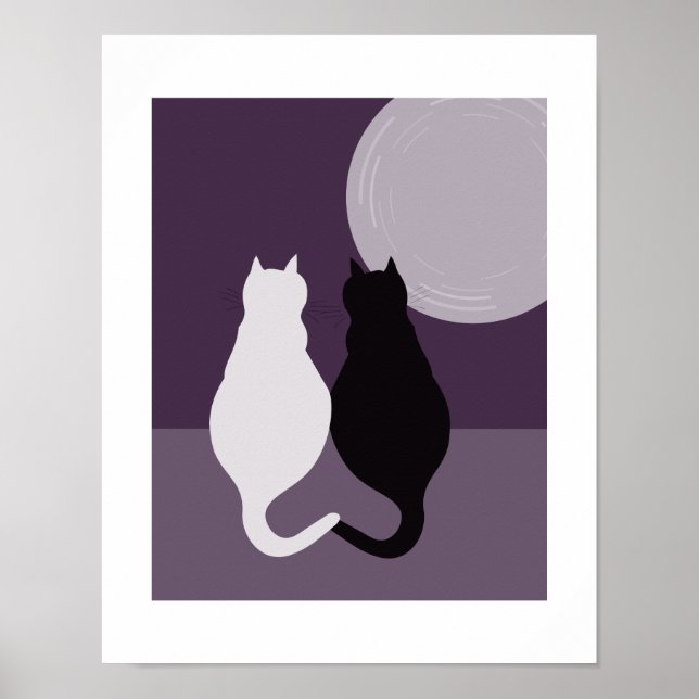 Sött svart & vitt kattpar lila-blå natt poster (Framsidan)