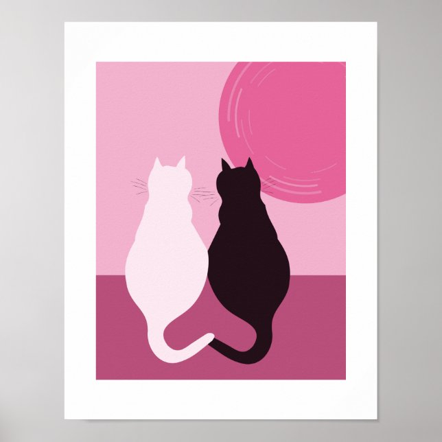 Sött svart & vitt kattpar vid rosa solnedgång poster (Framsidan)