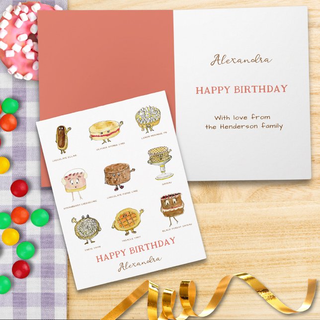 Sött tårta och efterrätt Vattenfärg Glad födelseda Kort (Cute cakes and desserts watercolor happy birthday custom greetings card for baking & cooking lovers)