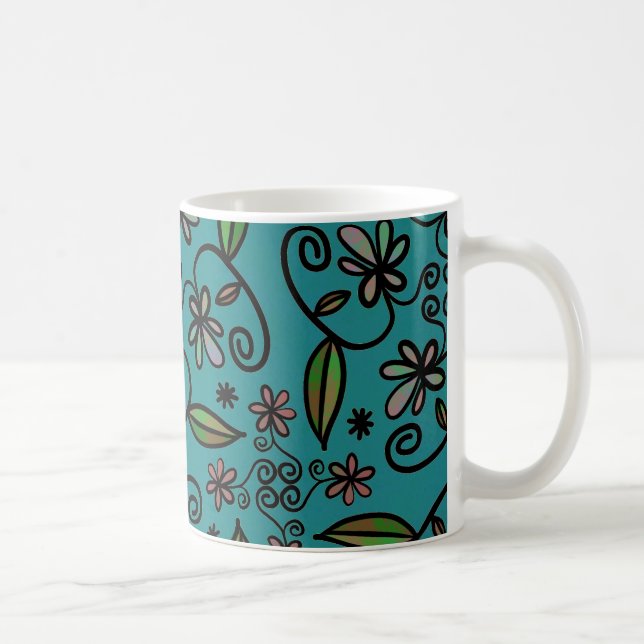 Sött tealblått blommönster kaffemugg (Höger)