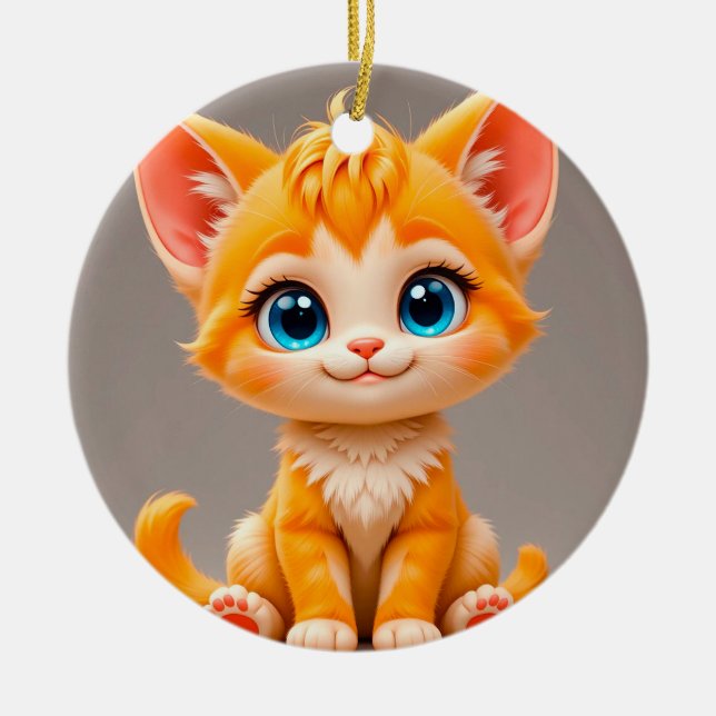 Sött tecknat orange kattunge julgransprydnad keramik (Framsidan)