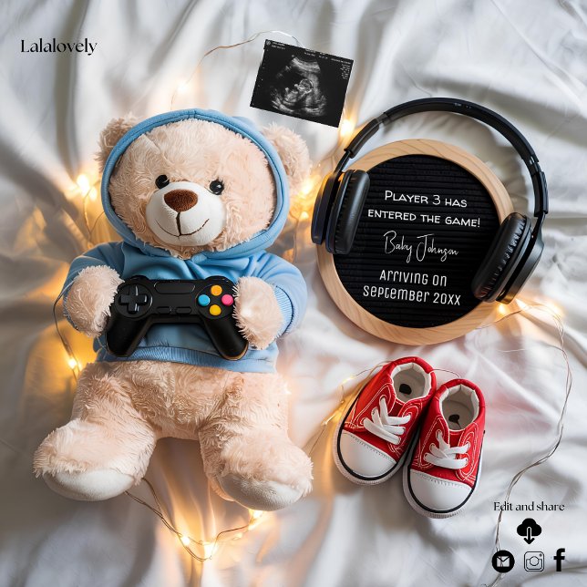 Sött teddybjörn Gamer graviditetsannonsering  Inbjudningar (Skapare uppladdad)
