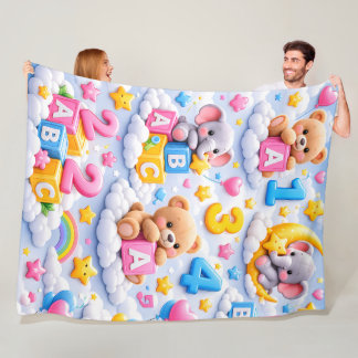 Sött teddybjörn och elefant ABC-siffror fleece fil