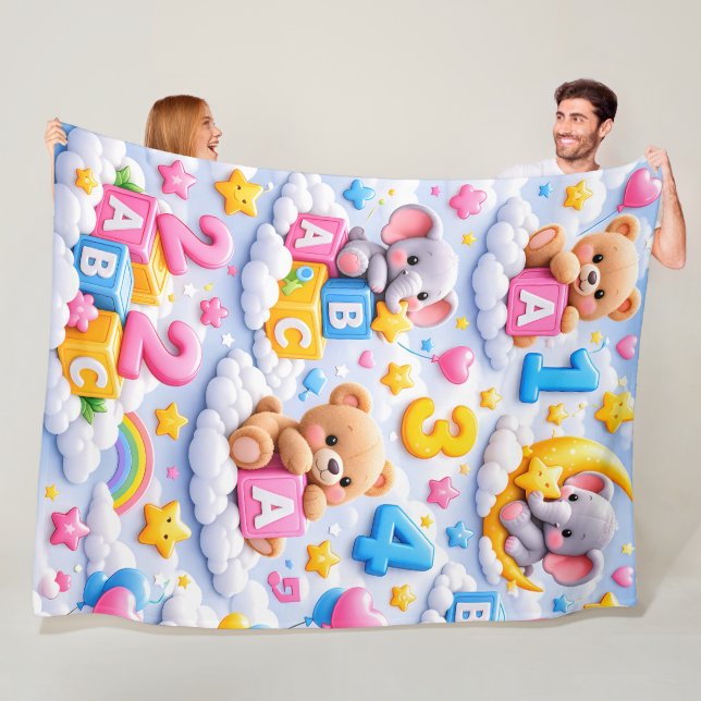Sött teddybjörn och elefant ABC-siffror fleece fil (På plats)