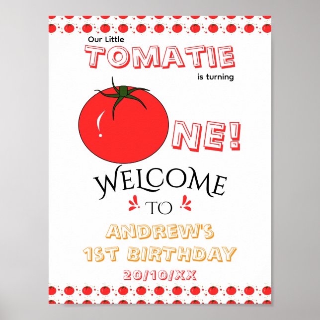 Sött tomat könsneutral välkomstskylt för 1-årsfira poster (Framsidan)