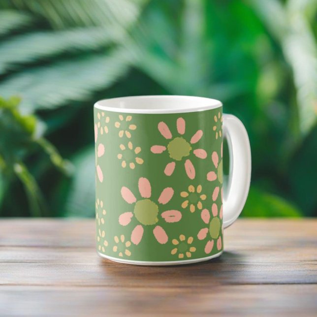 Sött trendigt blommigt mönster grönt rosa tusenskö kaffemugg (Skapare uppladdad)