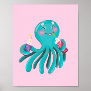 Sött turkos bläckfisk som dricker juice Grafik Poster
