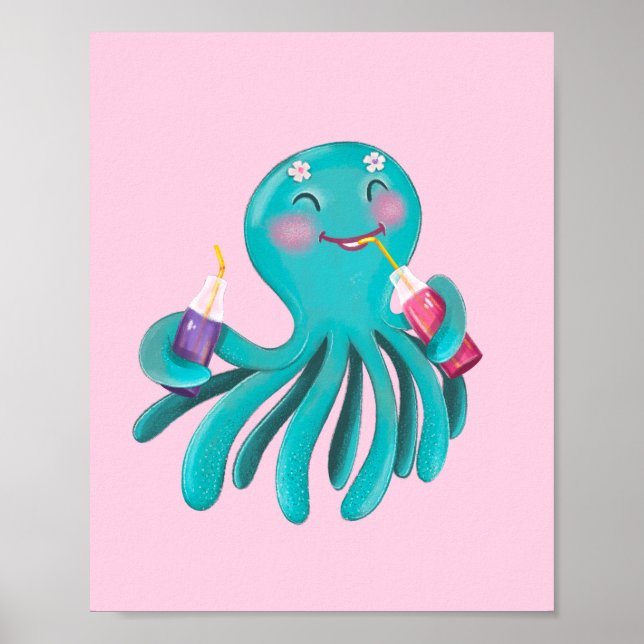 Sött turkos bläckfisk som dricker juice Grafik  Poster (Framsidan)