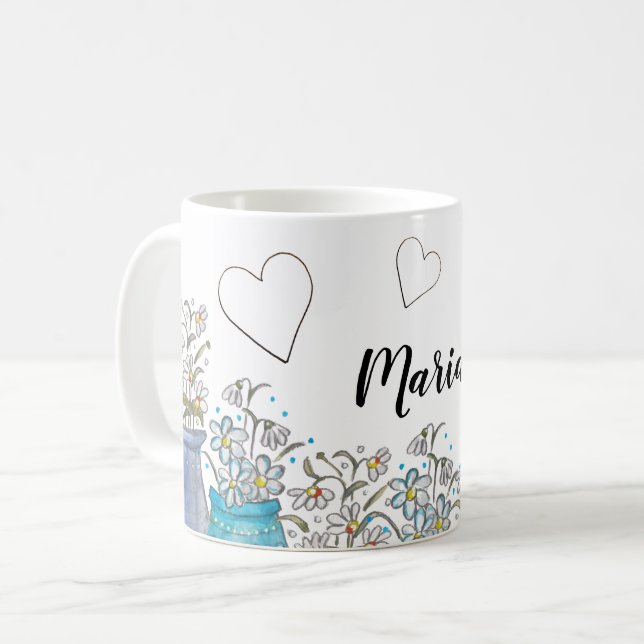 Sött turkosblått bohemiskt blommotiv konst kaffemugg (Framsida vänster)