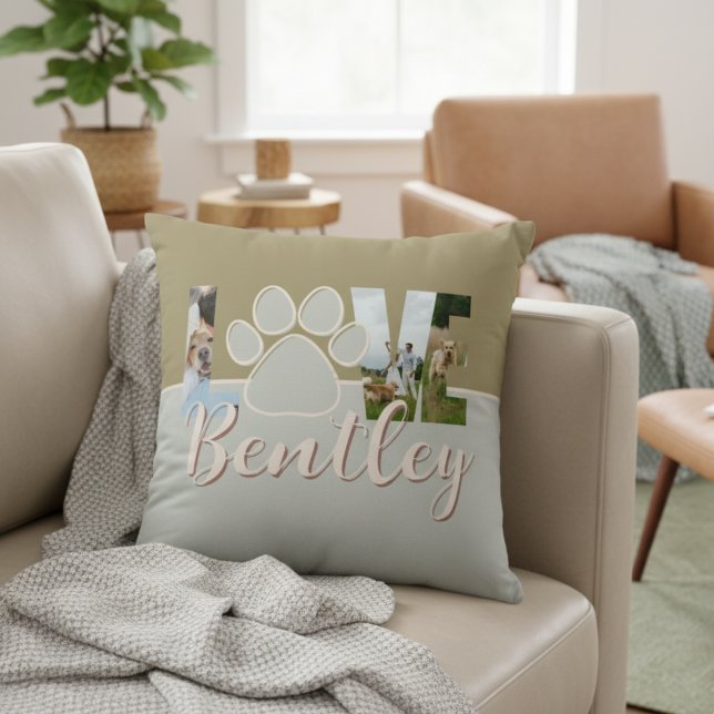 Sött tvåtons hund foto kärlek tass tryck kudde (Create a cute keepsake of your best friend with this Cute Two Tone Dog Photo Love Paw Print Pillow!)