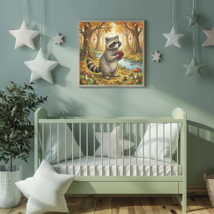 Sött tvättbjörnsskogsdjur för barnkammareaffisch poster