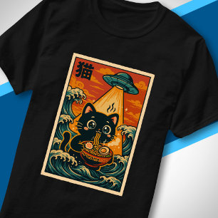 Sött UFO-katt som äter Ramen Retro Japansk Ukiyo-e T Shirt
