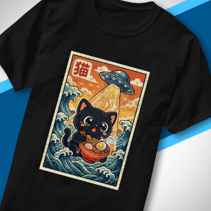 Sött UFO-katt som äter Ramen Retro Japansk Våg T Shirt