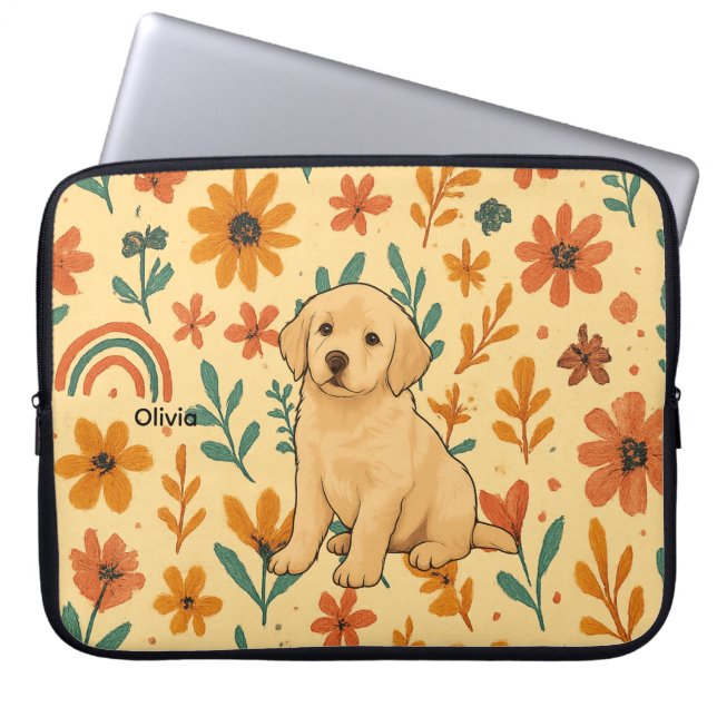 Sött Valp & Boho Blommor Laptop Fodral (Framsidan)