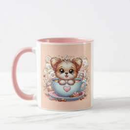 Sött valp i kaffekopp med hjärtan