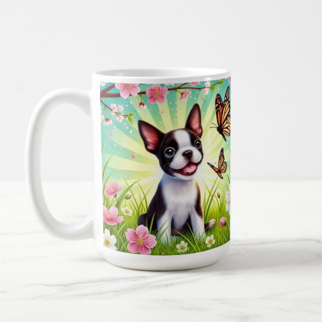 Sött valp med blommor och fjärilar kaffemugg (Vänster)