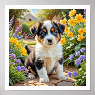 Sött valp med blommor poster