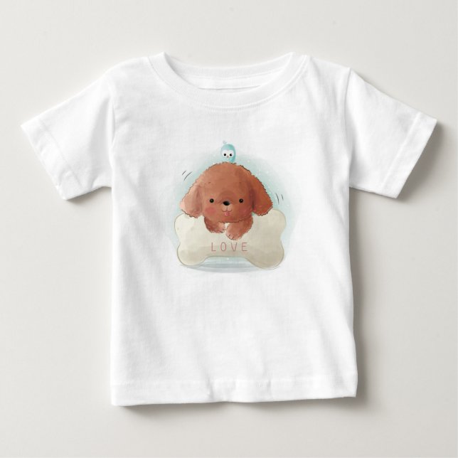 Sött valp med en fågel och ben t shirt (Framsida)