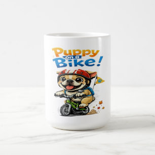 Sött valp på cykel tecknad serie kaffemugg