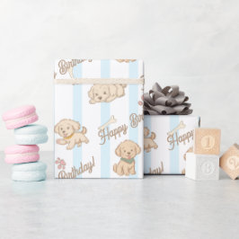 Sött valp pastellblå beige födelsedagsfirande presentpapper