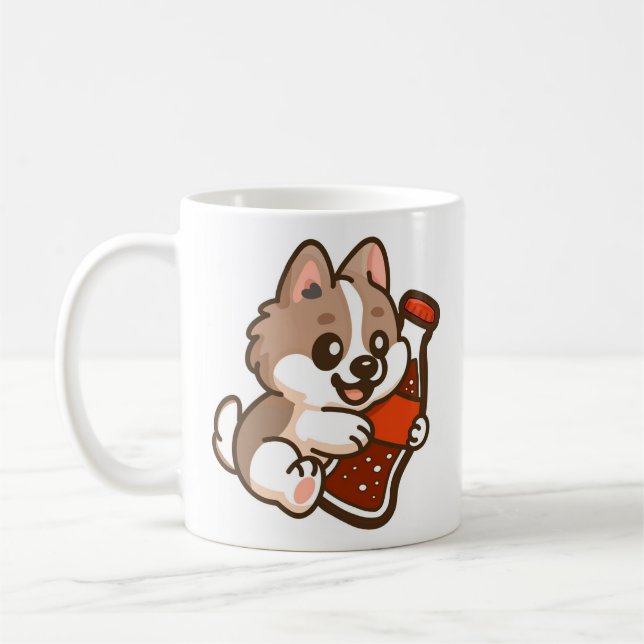 Sött valp som kramar läskflaska kaffemugg (Vänster)