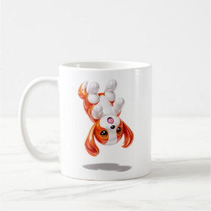 Sött valp som svävar med huvudet upp och ner kaffemugg