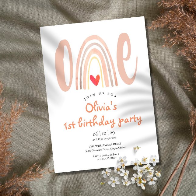 Sött vattenfärg boho regnbåge hjärta 1-års födelse inbjudningar (Skapare uppladdad)