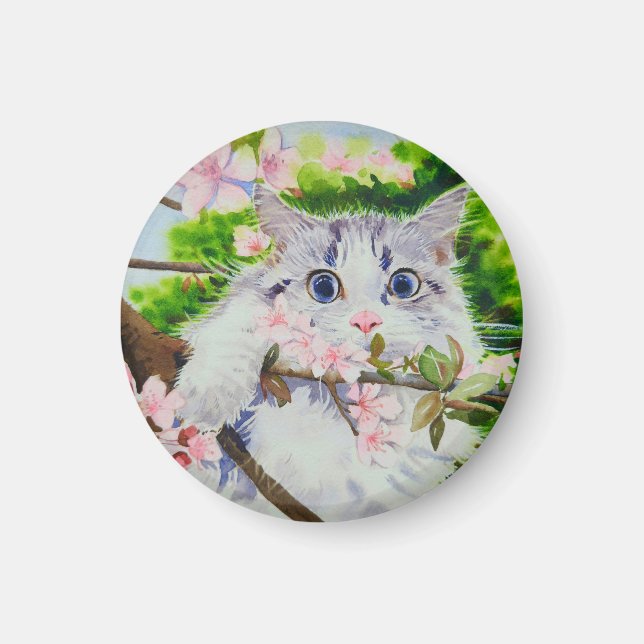 Sött vattenfärg-målning av katt magnet (Framsidan)